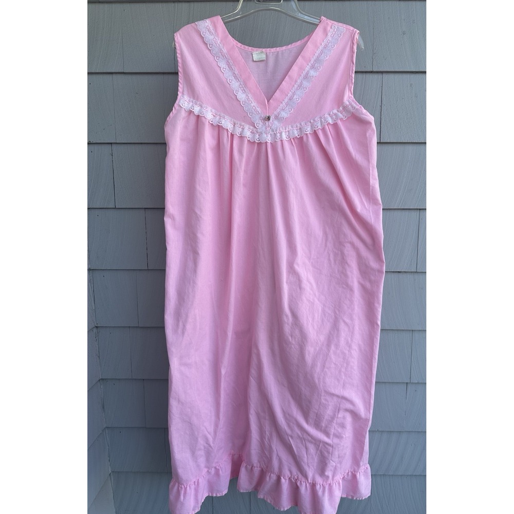 Vintage Pink Lace Trim Nightgown Poly Cotton Sleeveless 1960s Large‎